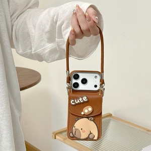 Cute brown leather capybara wallet phone case with wristlet strap for iPhone 16 Pro Max