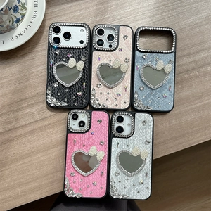 Snake skin leather iPhone case with bowknot heart mirror and rhinestone luxury design