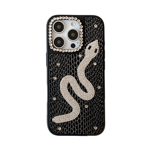 Luxury black snake skin texture iPhone case with sparkling rhinestone snake pattern