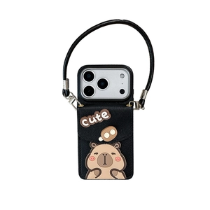 Black leather iPhone case with cute capybara wallet, card slot and adjustable lanyard cord