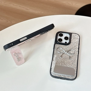 Chic iPhone leather case with silver bow mirror and pink rhinestone stand design