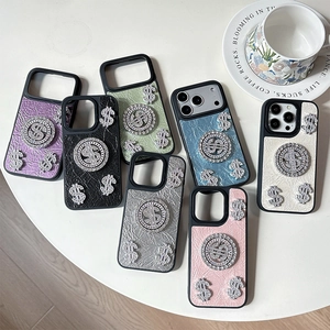 Luxe rhinestone dollar sign leather phone cases for iPhone 16 in various colors