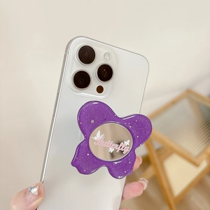 Purple glitter butterfly phone grip with built-in makeup mirror and telescopic stand