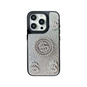 Silver wrinkled leather iPhone case with rotating rhinestone dollar signs and lens protection