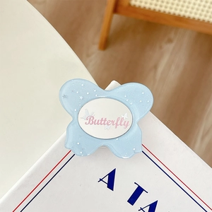 Light blue glittery butterfly phone grip with pink Butterfly print and white center