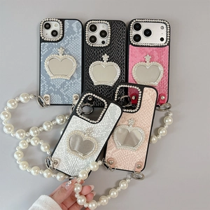 Luxury leather iPhone case with heart mirror, rhinestone camera deco and pearl chain strap