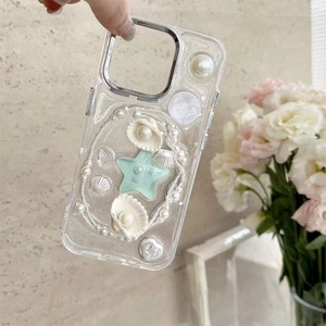 Sparkly pearl shell and star phone case for iPhone 16/17, transparent glitter ocean design