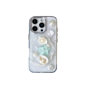 Transparent iPhone case with embossed pearls, seashells, and a green starfish