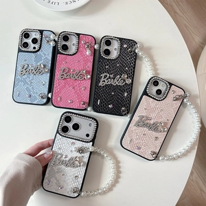 Luxury snake skin pattern iPhone case with rhinestone Barbie logo and pearl strap handle