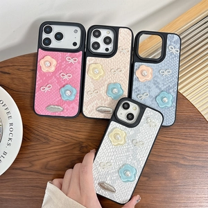 Floral pearl bow iPhone case with snakeskin texture in four elegant pastel colors