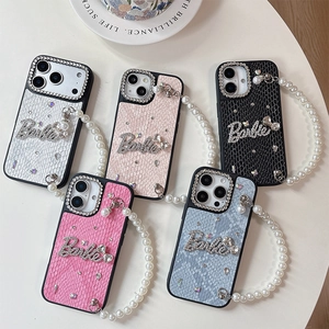 Snake skin pattern iPhone case with rhinestone bow, Barbie logo and pearl strap