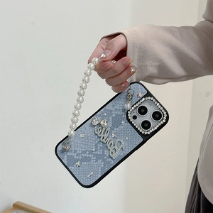 Luxury blue snakeskin iPhone case with rhinestone Barbie text and pearl handle chain