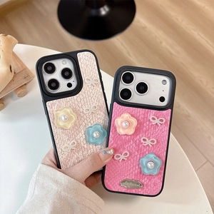 Stereo flower pearl bow iPhone case with snakeskin texture in beige and pink leather