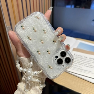 Tulip pearl drip glue phone case with wrist strap for iPhone, shockproof and stylish