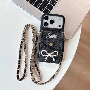 Luxury black snake skin iPhone case with bow, card pocket and long crossbody chain strap