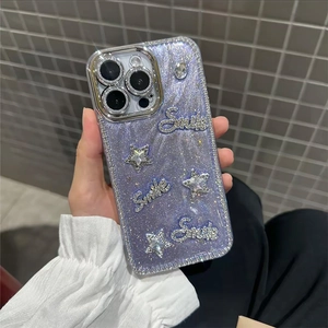 Purple glitter iPhone case with sparkling rhinestone Smile text and silver star accents