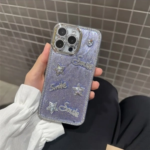 Sparkly purple iPhone case with rhinestones, stars and 3D Smile lettering decor