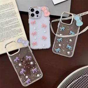 Elegant iPhone Case With 3D Bow Faux Artificial Pearl And Glitter Star Transparent TPU Cover For Girly Fashion Style