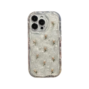 Glitter iPhone case with 3D pink tulips, white pearls and protective wave edge design