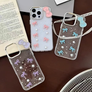 Sparkly iPhone case with pearl bow and 3D glitter star design in multiple colors