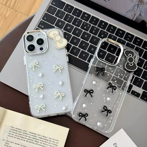 Sparkly iPhone case with 3D pearl bow and sequins on clear glitter back cover