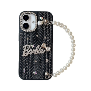 Luxury black snake skin texture iPhone case with rhinestone Barbie logo and pearl strap