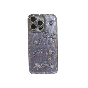 Purple glitter phone case for iPhone with rhinestone Smile lettering and star design