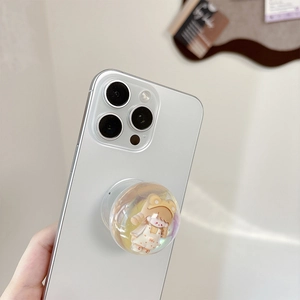 Close-up of cute 3D cartoon girl with bear hat inside a transparent phone pop socket