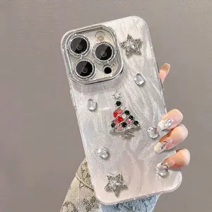 Coque iPhone sapin de Noël 3D avec strass brillants et finition blanc nacré pailleté