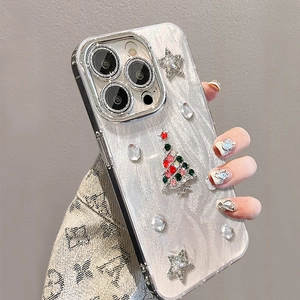 Strass arbre de Noël étincelants sur coque iPhone nacrée pour modèles 14 15 16 Pro Max