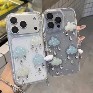 Phone Case With 3D Glitter Cloud And Waterdrop Rhinestone Star Transparent Soft TPU Ins Style Protective Cover