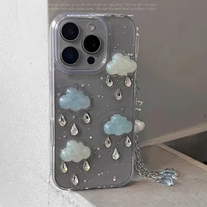 Sparkly cloud and rhinestone clear phone case for iPhone with metal chain charm