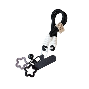 Thick woven phone lanyard with hollow star pendants and bell in black dopamine style