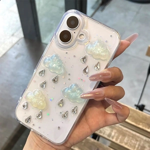 Detailed shot of transparent phone case with 3D resin clouds and waterdrop rhinestones