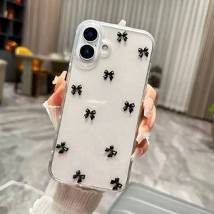 Fashionable clear iPhone 16 Pro Max case featuring elegant 3D black glittery bows