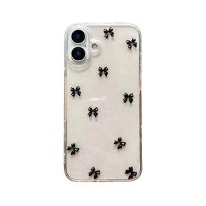 Transparent iPhone case with scattered black glitter 3D bows for 16 Pro Max