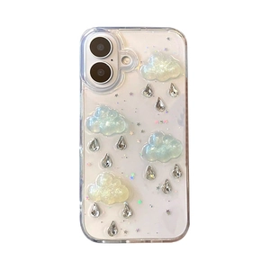 Clear glitter iPhone case featuring 3D iridescent clouds and rhinestone water drops