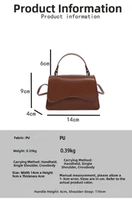 Detailed view of a brown PU leather crossbody bag showing dimensions and product specs