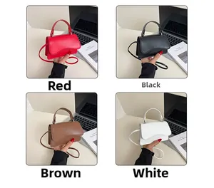 Collage of mini vintage square bags in red, black, brown, and white with wave-edge flaps