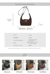 Size chart showing dimensions and colors of the suede leather crossbody bag