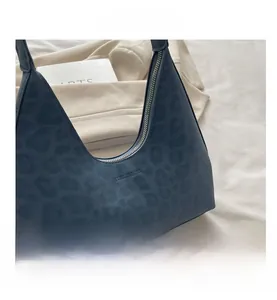 Detail einer dunkelblauen Handtasche mit Leopardenmuster, Samtstoff und Silberreißverschluss