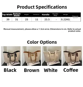 Detailed size parameters and color options for the canvas tote bag with leather trim