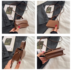 Detail view of brown PU leather crossbody bag showing front back and side perspectives