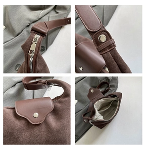 Detailed views of dark brown suede dumpling bag featuring silver hardware and inner lining