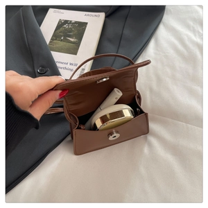 Interior view of brown mini crossbody bag showing storage for lipstick and makeup