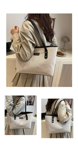 Detailed views of a canvas tote bag with black leather straps in a home setting