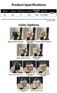 Detailed size guide and color options for the stylish mini handbag with plush charm accessory