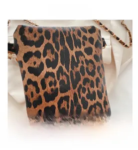Close-up of leopard print crossbody phone bag with textured leather and chain strap