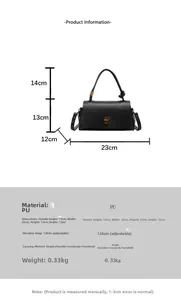 Detailed size chart for the PU leather crossbody bag including dimensions and strap length
