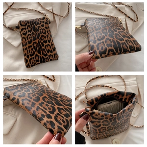 Multi-angle details of leopard print crossbody bag with chain strap and slim structure